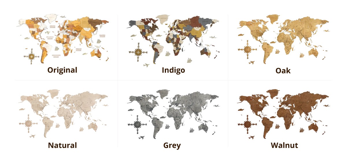 światowa mapa drewniana na ścianie drewniana wielokolorowa