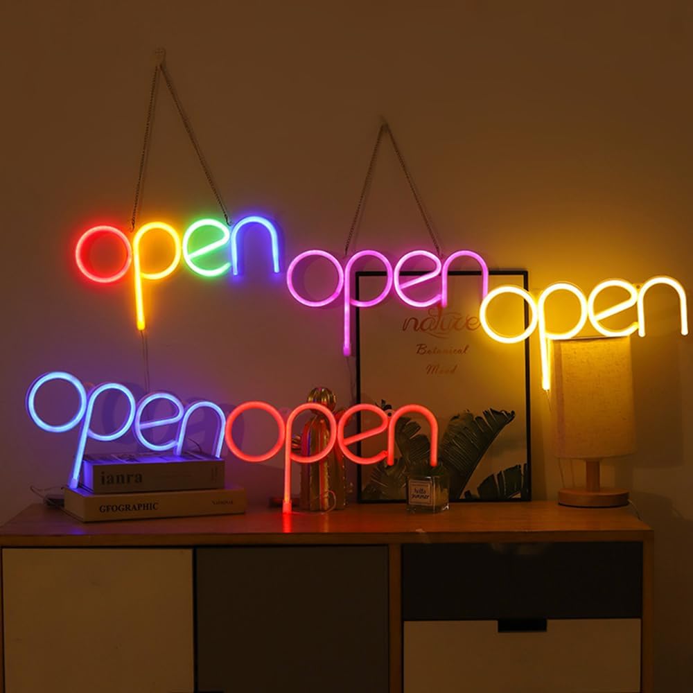 otwarty znak reklamowy na ścianie wiszący neon LED